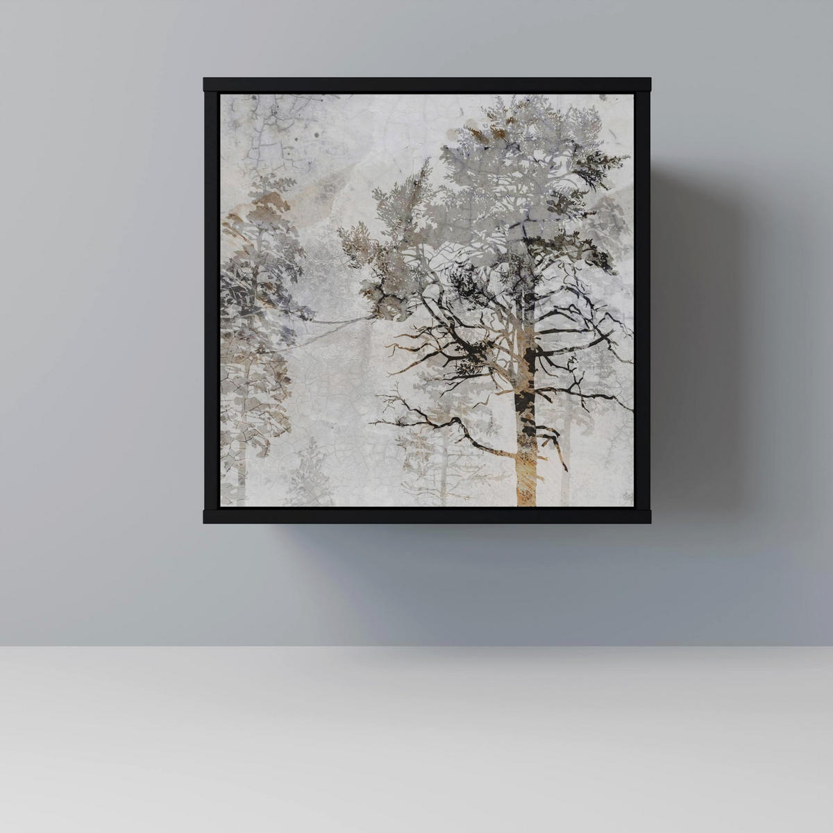SIDEBOARD FADE IN THE TREES, Schwarz, 57,5x42x75,5 cm, Goldfarbene Metallfüße - Goldfarben/Multicolor, Holzwerkstoff/Metall (57.5/75.5/42cm) - SpaceRebels