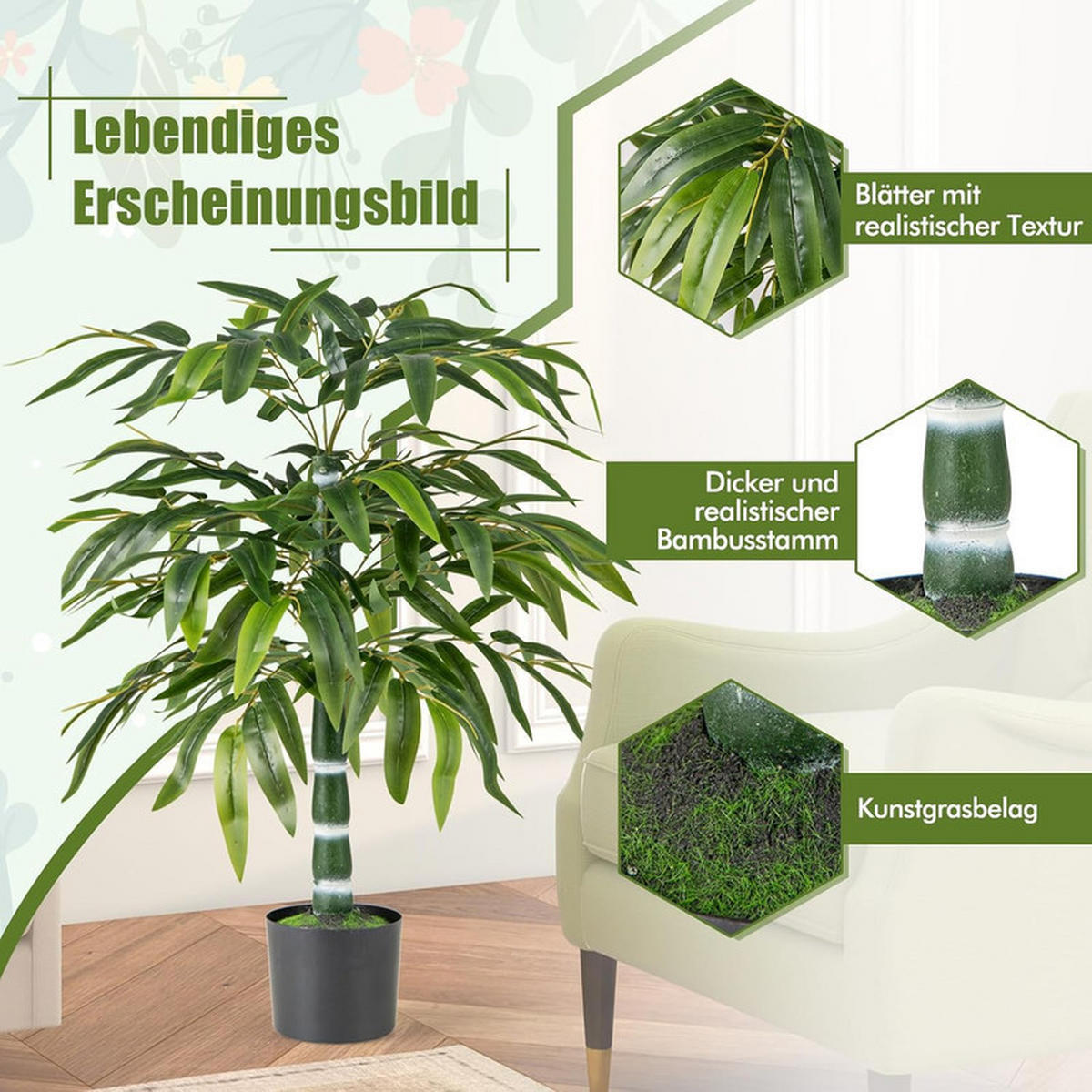 KÜNSTLICHER BAMBUS verstellbare Zweige grün(2er-Set) - Grün, Kunststoff (100cm) - COSTWAY