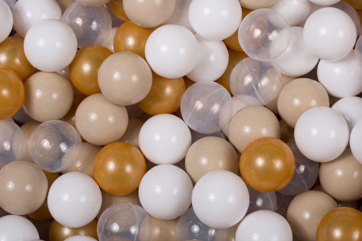 BÄLLE für Bällebad, Spielbälle, Plastikbälle für Kinder Set 300 pcs.: Gold/Beige/Weiß/Transparent - Braun, Textil (7/7/7cm) - MeowBaby