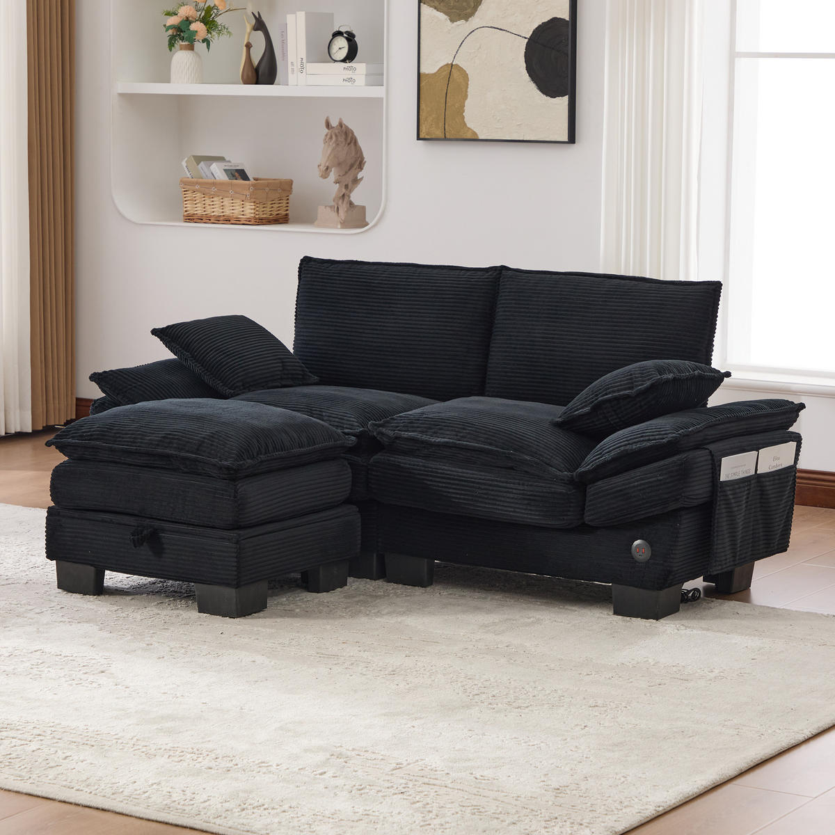 2-SITZER Sofa aus Corduroy 190x132x84 cm mit Hocker & USB-C, schwarz - Schwarz, Textil (132/84/190cm)