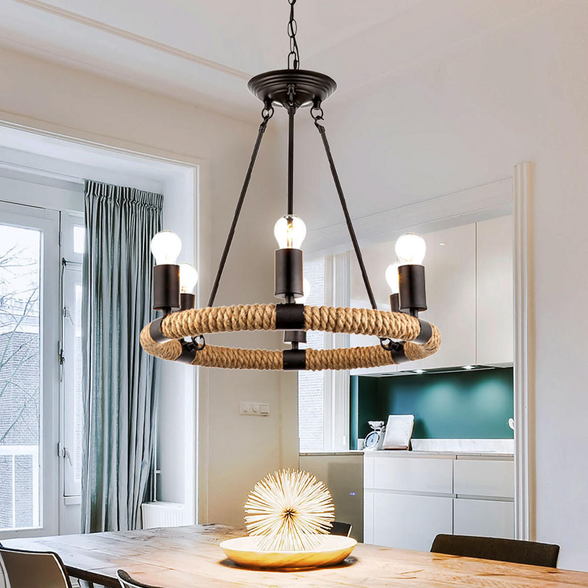 LED HÄNGELEUCHTE Hanfseil Schwarz - Schwarz, Metall (50/50/126cm) - Globo Lighting