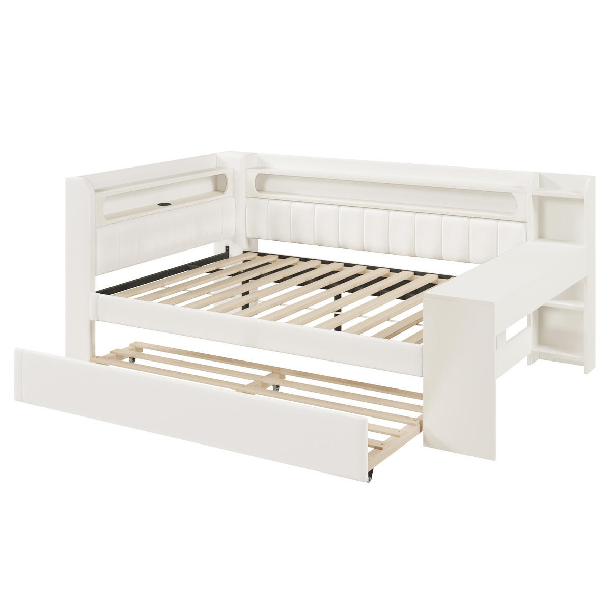 POLSTERBETT 140/200 cm weiß aus MDF mit LED und USB mit Ausziehbett und Schreibtisch - Weiß, Holzwerkstoff (140/200cm) - OKWISH