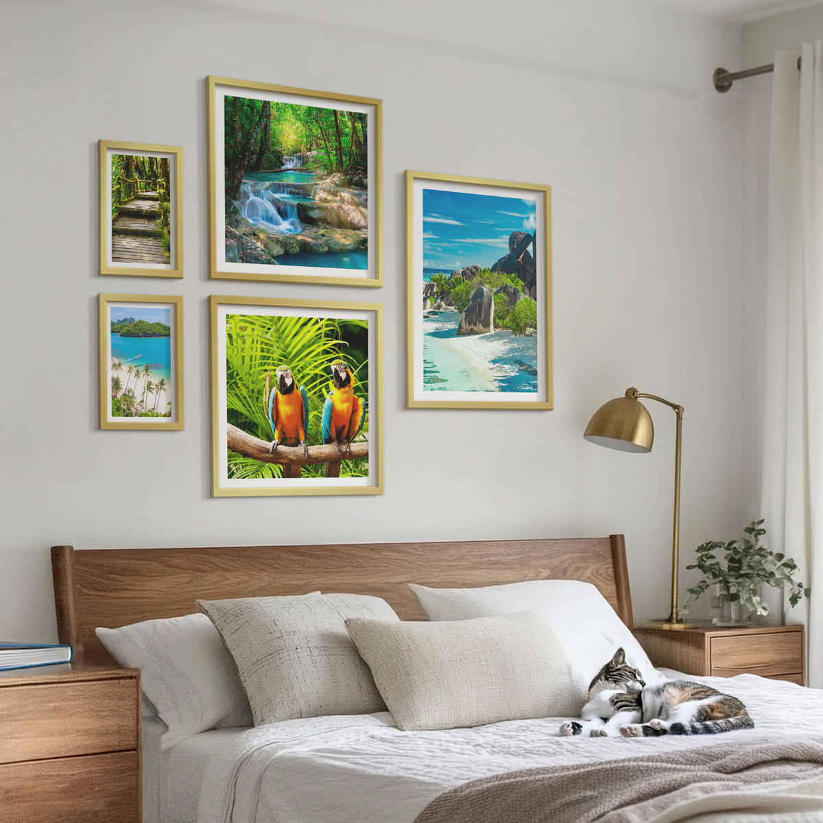 BILDER SET 5er Set - 50x50 cm & 20x30 cm & 40x60 cm Goldrahmen - Strand, Boot, Wasserfälle, Palmen - Goldfarben, Kunststoff (40/60cm) - TULUP