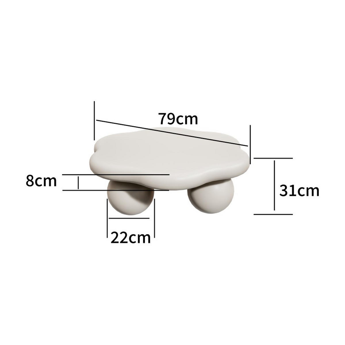 COUCHTISCH wolkenförmig 80 cm mit Kugelfüßen, moderner Beistelltisch in Creme-Weiß für kleine Wohnungen - Weiß, Holzwerkstoff (79/79/31cm)