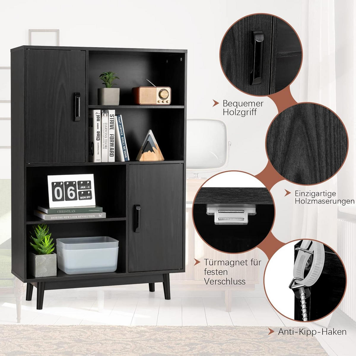 BÜCHERSCHRANK Schwarz - Schwarz, Holz (24/120/80cm) - COSTWAY