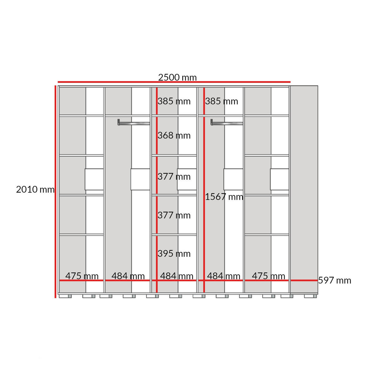 DREHTÜRENSCHRANK Napoli 5D 250 Eiche Cremona (schwarzer oder goldener Griff) - Eichefarben/Silberfarben, Holzwerkstoff/Kunststoff (250/35/60cm) - mzm24