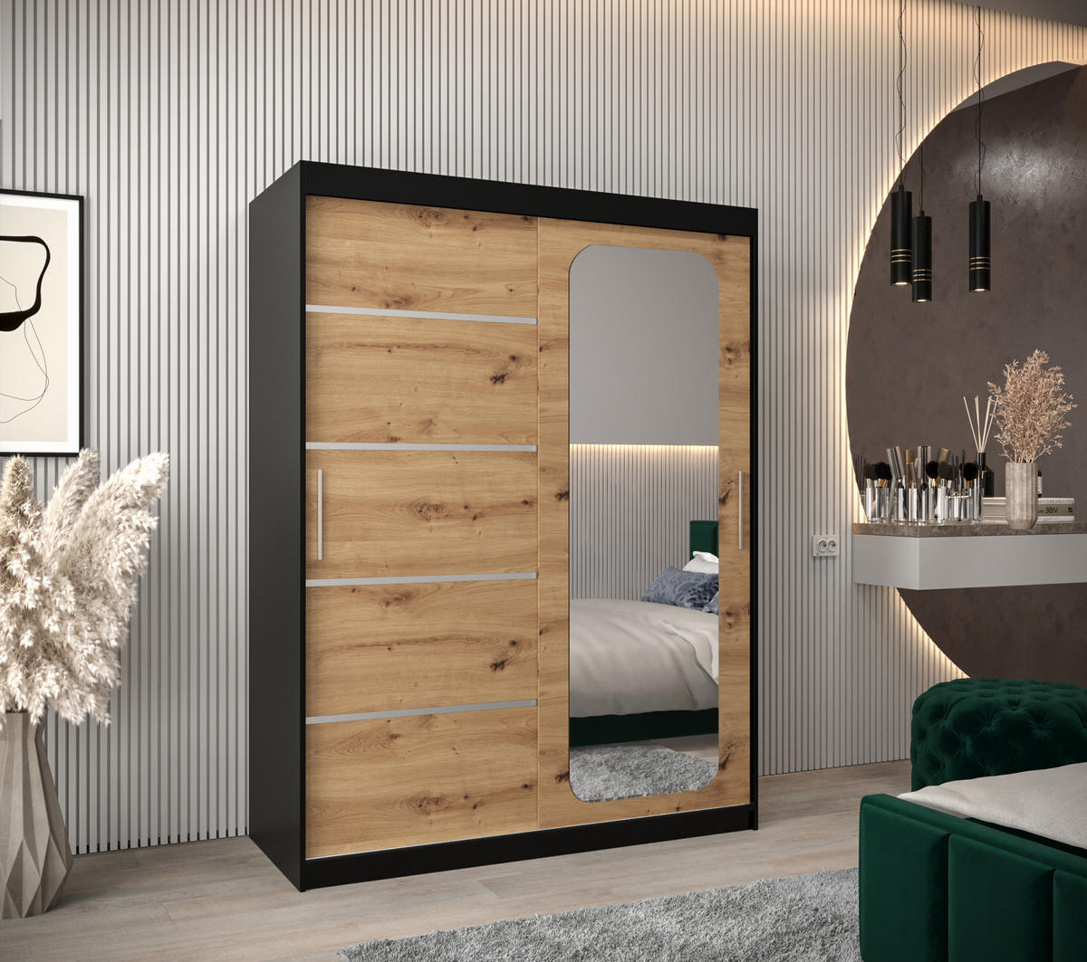 SCHWEBETÜRENSCHRANK 200/150/62 2-türig - Silberfarben/Schwarz, Holz/Kunststoff (150/200/62cm) - Abiks Möbel