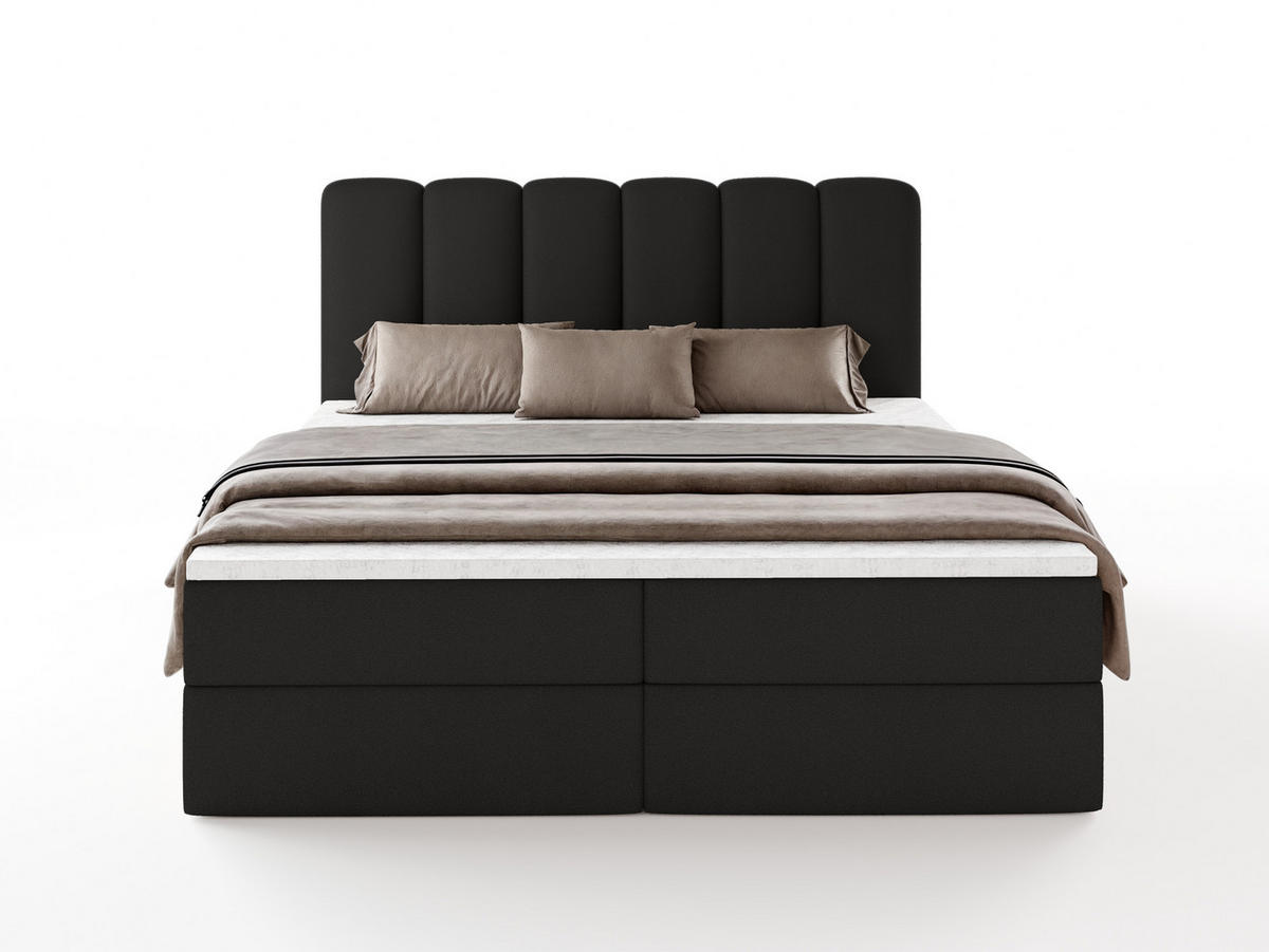 BOXBET NOLARO 160x200 cm Komplett-Set mit Bettkasten, Bonell-Matratze und Topper, Bouclé Schwarz - Schwarz, Textil (160/200cm) - Luxkor24