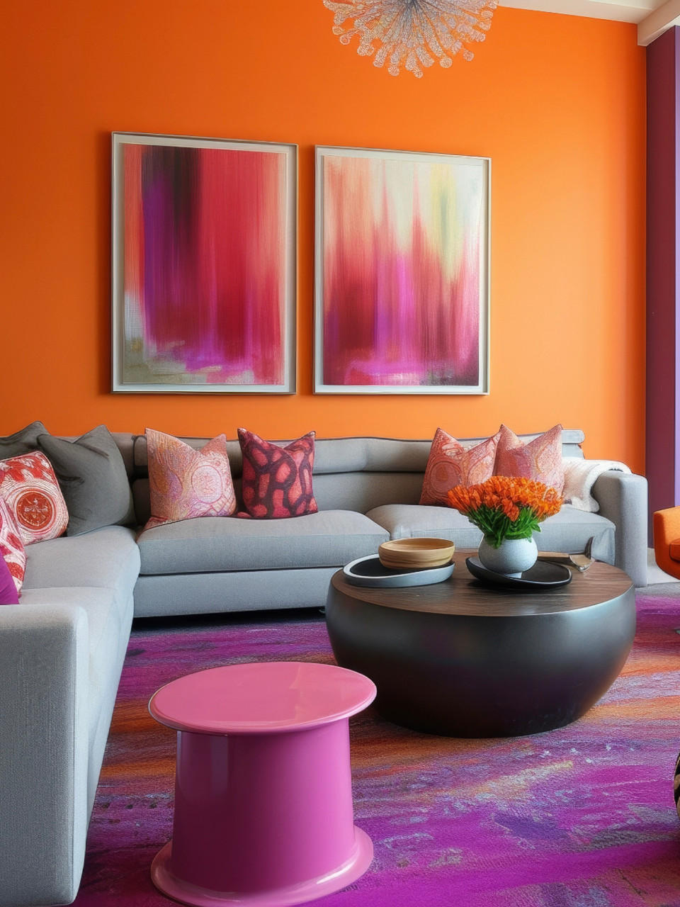 buntes wohnzimmer mit grauer couch und rosa und orangener farbe