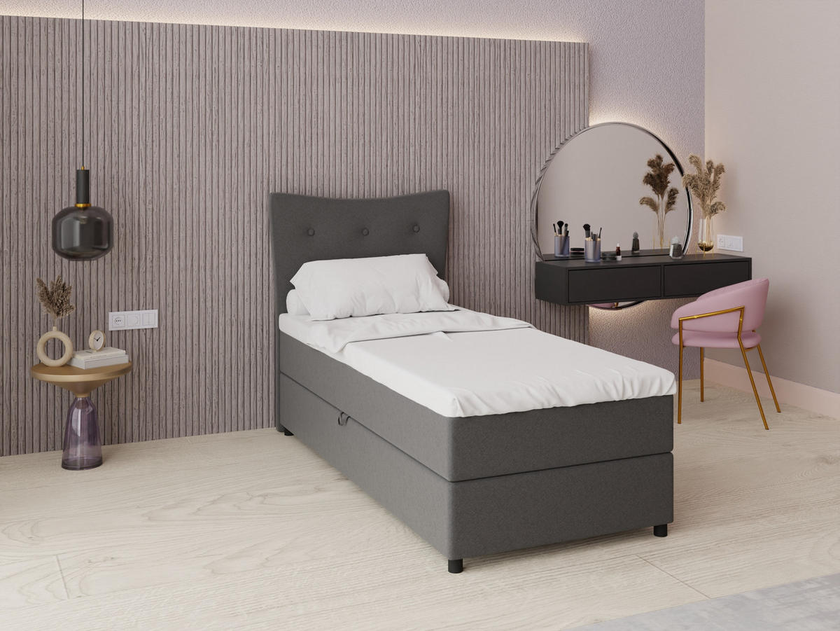 BOXBETT Nevada 90x200 cm Polsterbett mit hochwertiger Bonell-Matratze und Topper - Dunkelgrau - Anthrazit, Holz (90/200cm) - Panda Möbel