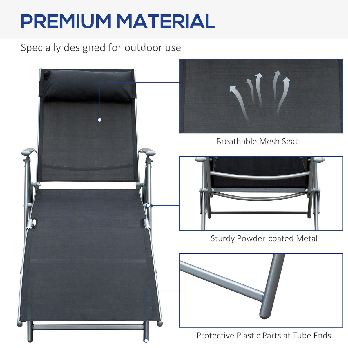 SONNENLIEGE, klappbar mit Kissen, Metall+Stoff, Schwarz, 137 x 63,5 x 100,5 cm - Schwarz, Metall (63.5/100.5/137cm) - Outsunny