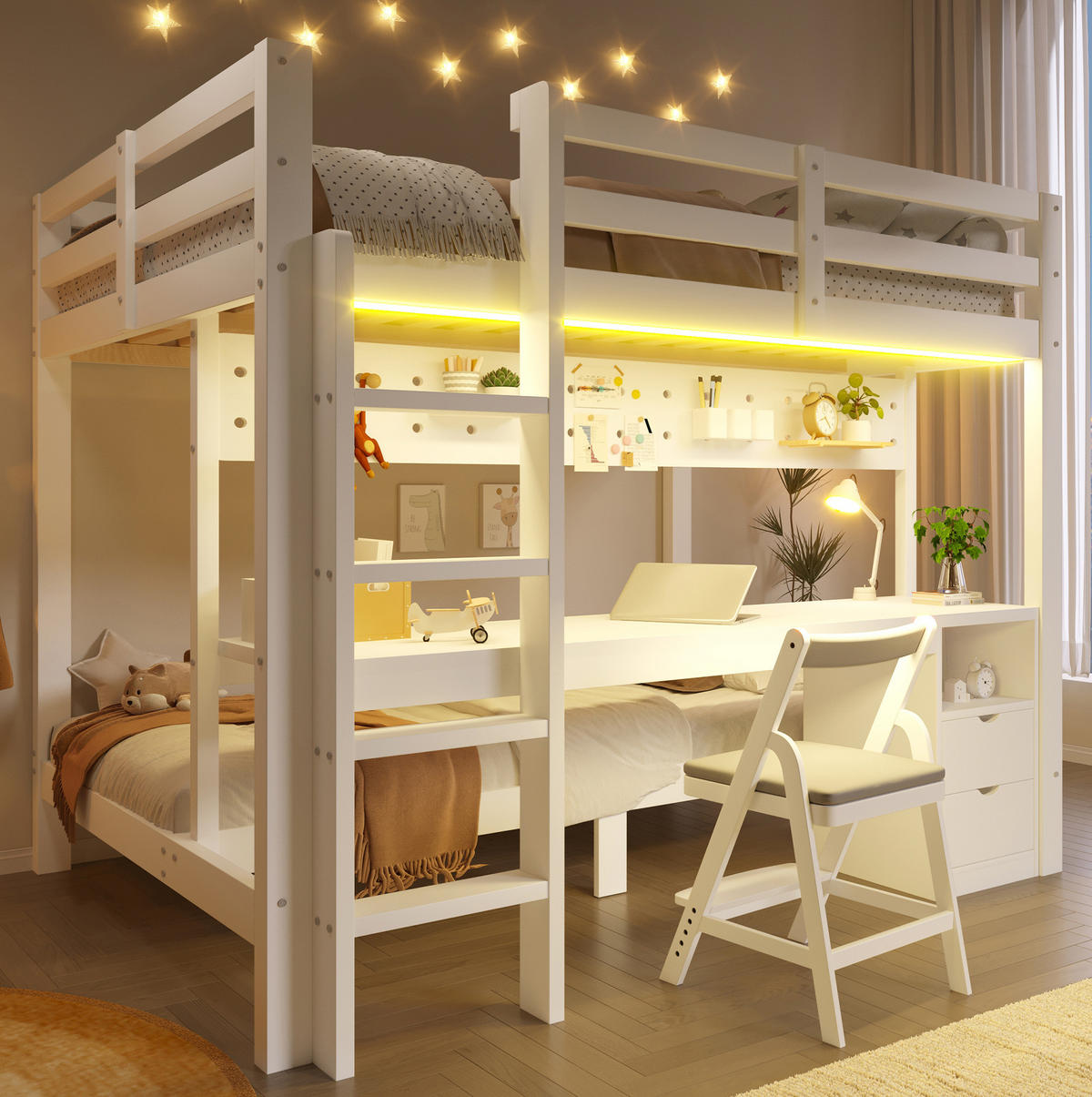 HOCHBETT 90/200 i 140/200 cm mit Schubladen, Schreibtisch und LED-Lichtleiste, Kiefernholz, Weiß/Natur - Weiß, Holz/Holzwerkstoff (90/200cm) - Redom