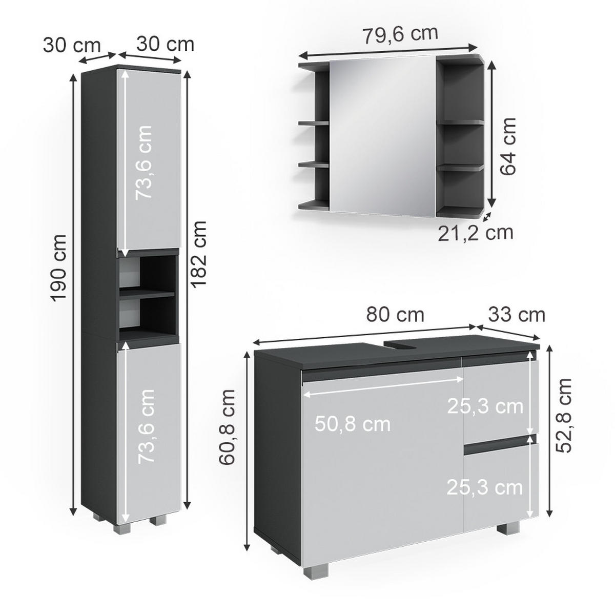 BADMÖBEL-SET J-Shape Anthrazit 3 Teile, mit Hochschrank - Anthrazit/Weiß, Holzwerkstoff (80/60/33cm) - Vicco