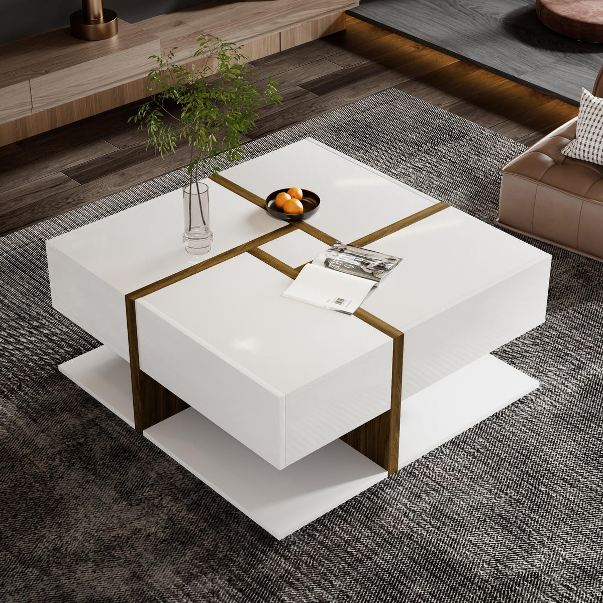 COUCHTISCH Hochglanz 78x78 cm 4 Schubladen - Weiß, Holzwerkstoff (78/78/34.8cm) - LEBENLANG