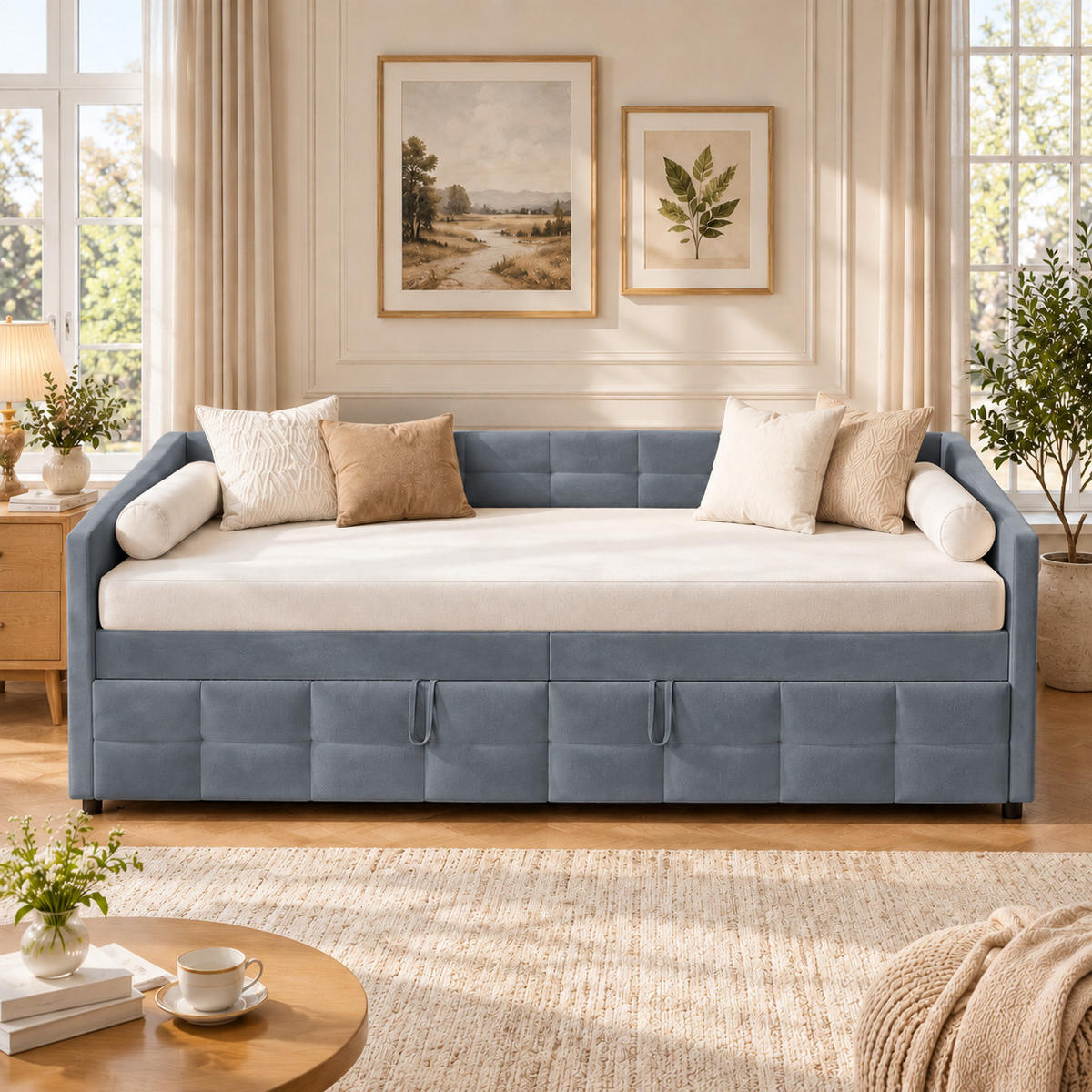 SCHLAFSOFA mit Ausziehfunktion und Stauraum, Polstersofa - Grau, Metall (193.5/75/215cm) - Joyfair