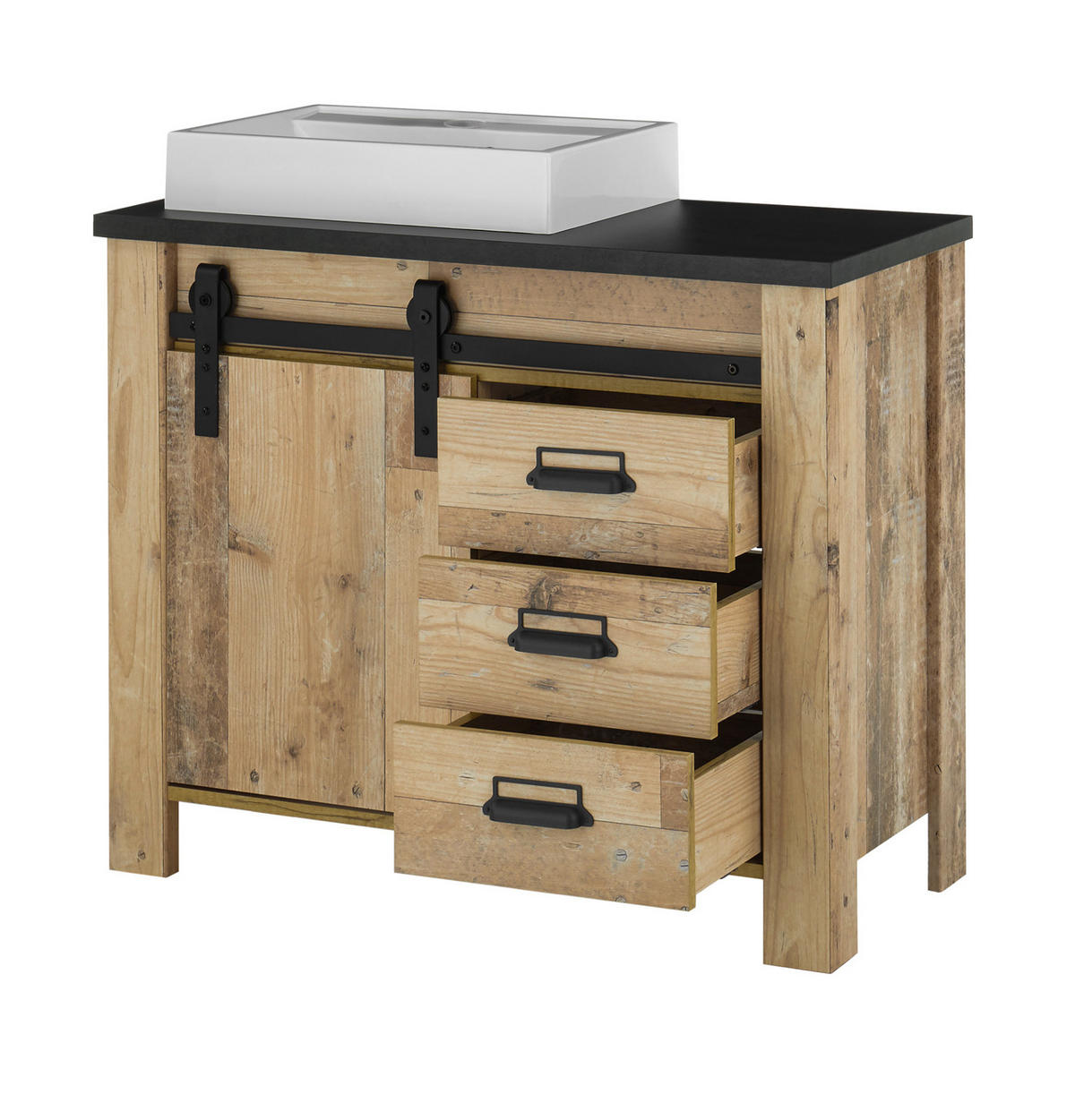 BADMÖBEL-SET 5-teilig, Used Wood hell, anthrazit, Badkombination mit Waschbecken LED Spiegellampe - Eichefarben/Anthrazit, Holzwerkstoff/Metall (208/210/43cm) - Furn.Design