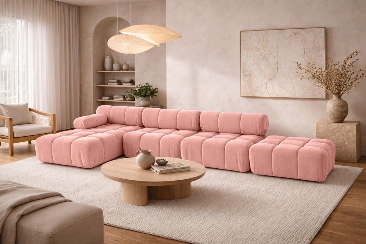 ECKSOFA L-Form XL, Stoff Velours Salvador, Rosa, Links, Selia L XL - Pink, Holz (380/160cm) - Kaiser Möbel