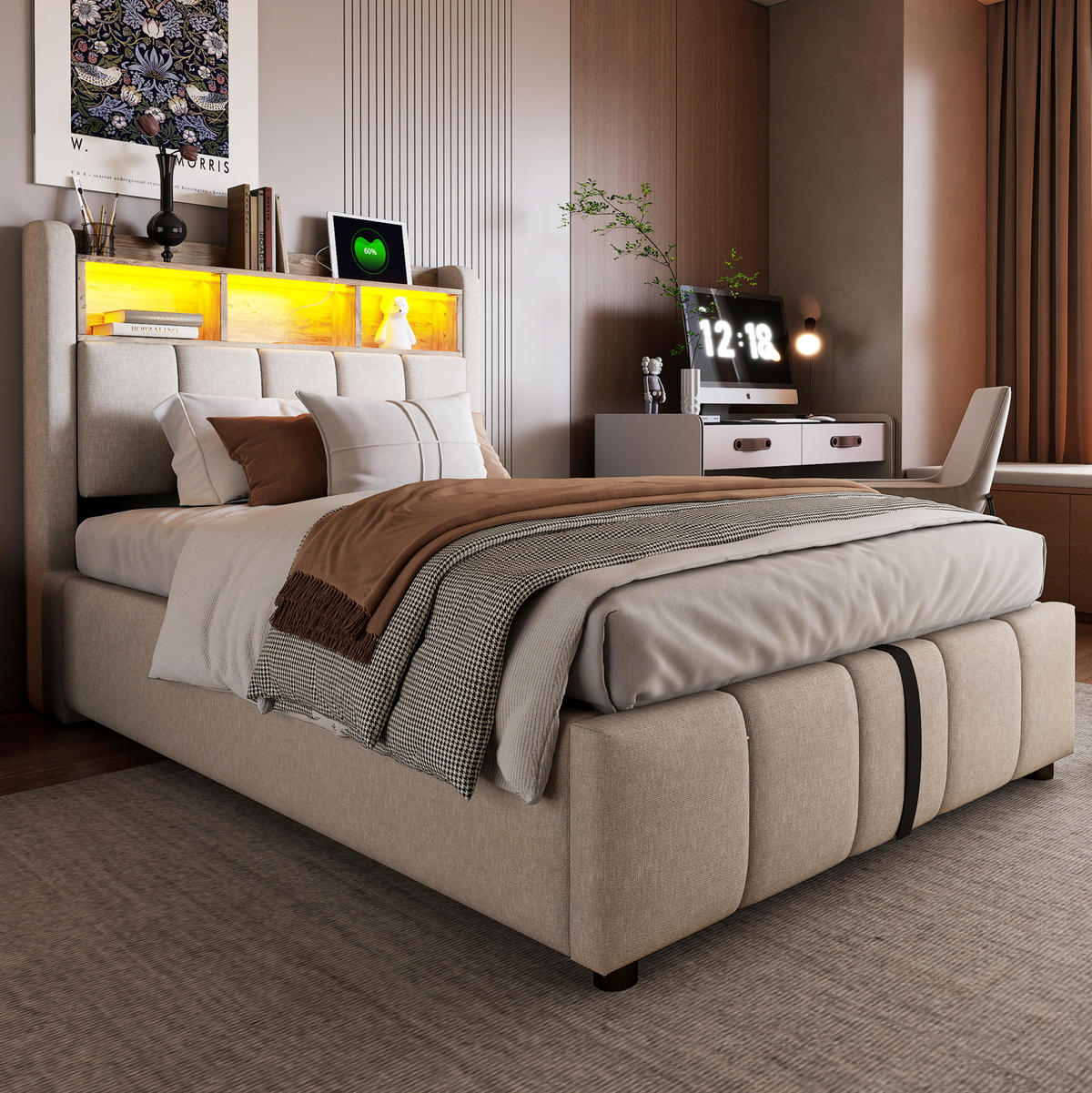 POLSTERBETT 90/200 cm Beige mit LED-Beleuchtung, Stauraum und USB-/Type-C-Anschlüssen - Beige, Textil (90/200cm) - Flora Grace