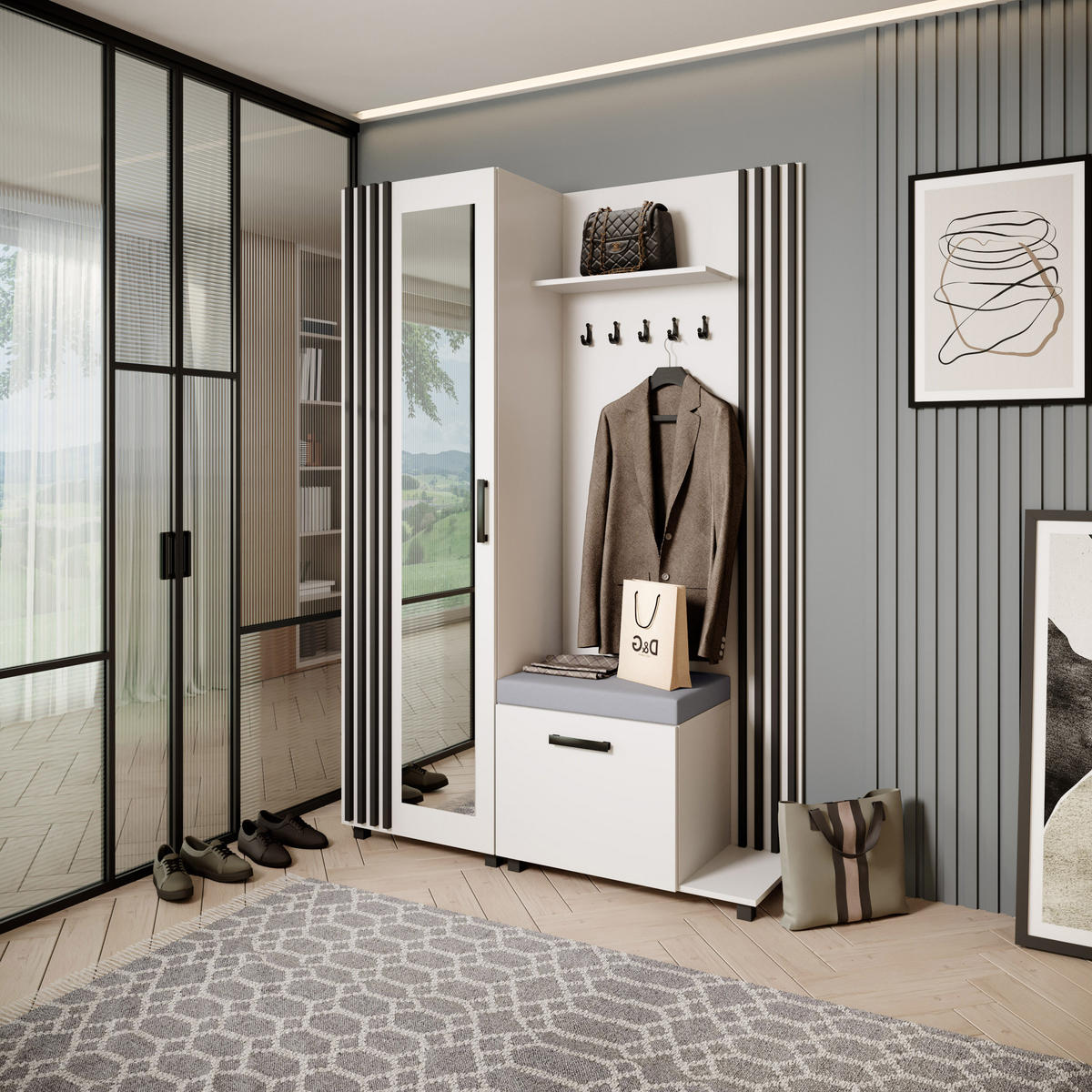 GARDEROBENSCHRANK Livia mit Aufhängern und Spiegel, Weiß, rechts - Schwarz/Weiß, Holzwerkstoff (137/207/42cm) - Beautysofa