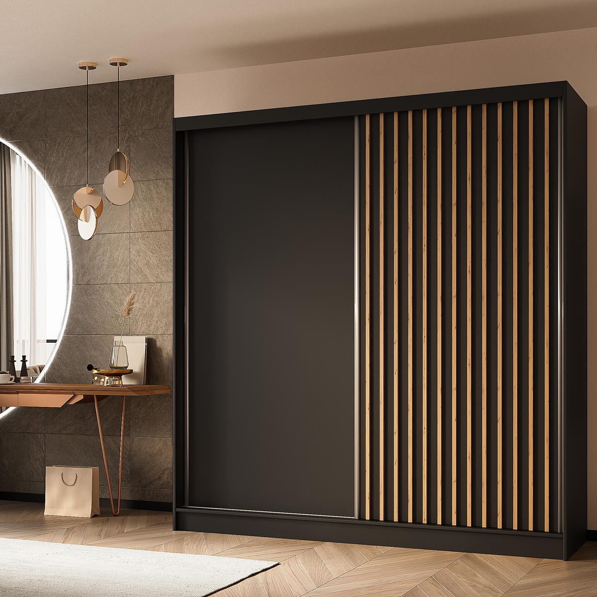 SCHWEBETÜRENSCHRANK LAMELLO 200/216/61 cm 2-türig Schwarz - Schwarz, Holzwerkstoff (200/216/61cm) - MASSENO