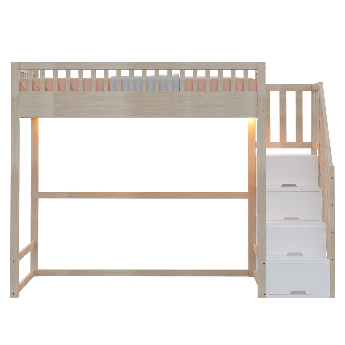 HOCHBETT mit Stauraumtreppe und LED 90x200 cm Holz Natur - Braun, Holz (90/200cm) - Meubliv