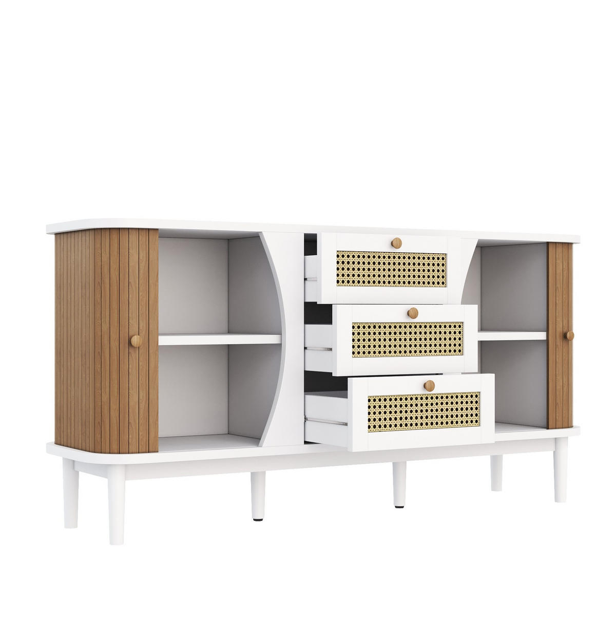 SIDEBOARD 140,5/40/76 cm mit 3 Rattanschubladen und verstellbaren Einlegeböden aus MDF und Spanplatte, Weiß/Holzfarbe - Weiß, Holzwerkstoff (140.5/76/40cm) - Redom