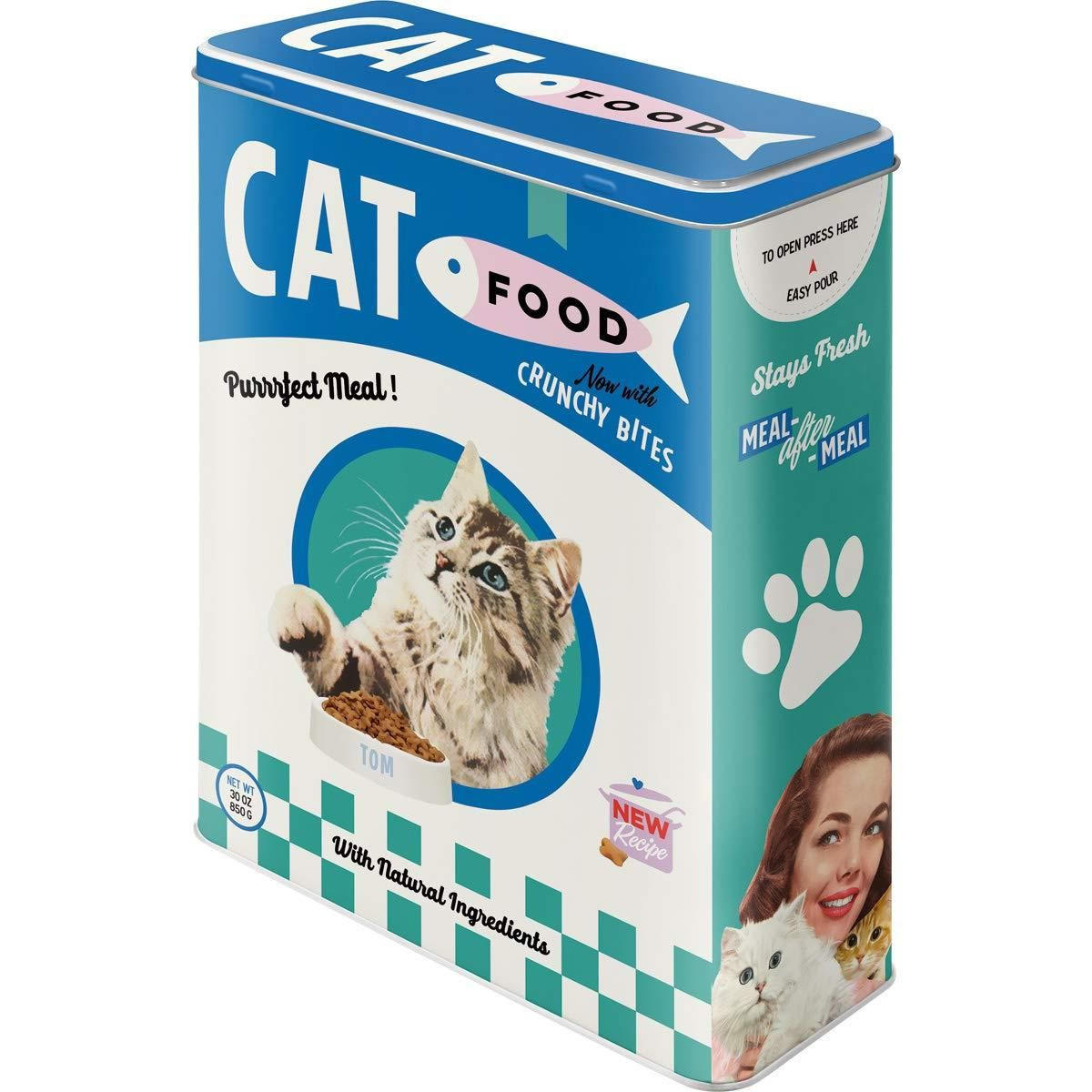 VORRATSDOSE XL Animal-Club Cat Food - Blau/Weiß, Metall (19/26/8cm) - Nostalgic-Art