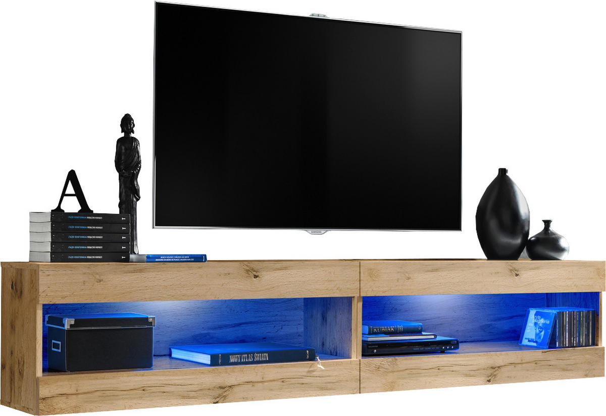 2-ER Set, Wohnwand TIVOLI SET4+BLU Offener Raum Wotan + Wotan - Eiche Wotan/Weiß, Glas/Holzwerkstoff (200/41/35cm) - Komodee