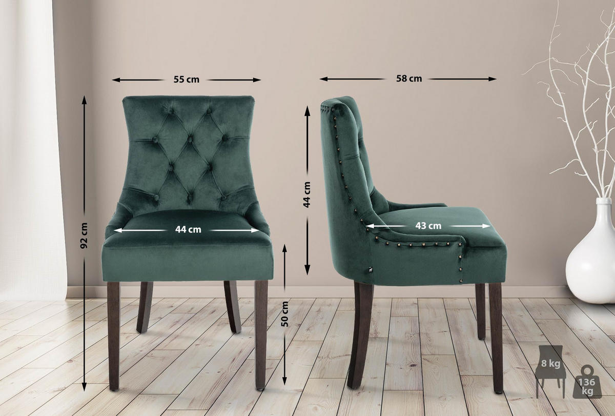 WOHNZIMMERSTUHL 4er Set Samt dunkelgrün - Dunkelgrün, Holz/Textil (55/92/58cm) - CLP