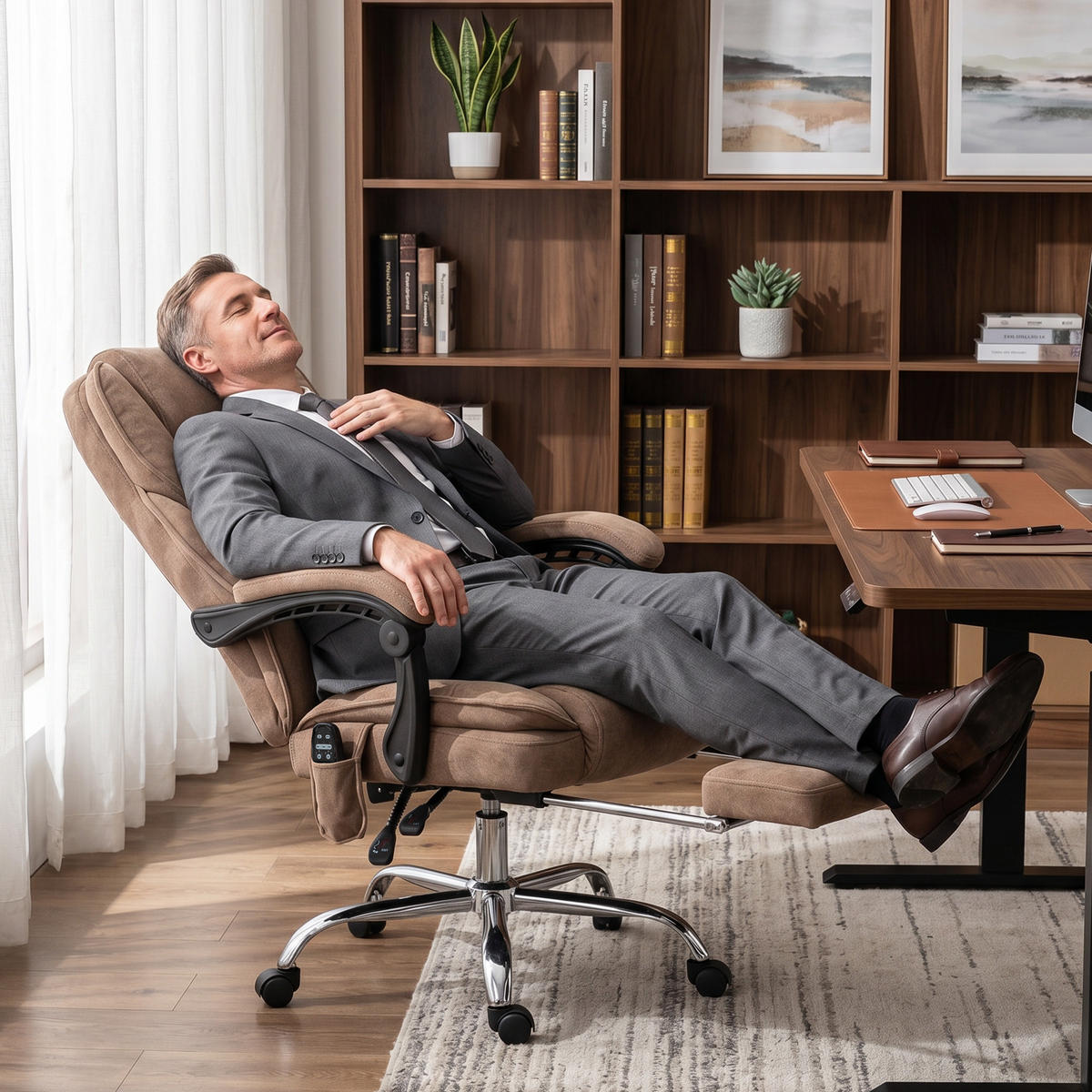 BÜROSTUHL-MIT-MASSAGEFUNKTION Samt-Polyester Braun - Silberfarben/Braun, Textil/Metall (67/119/72cm) - Vinsetto