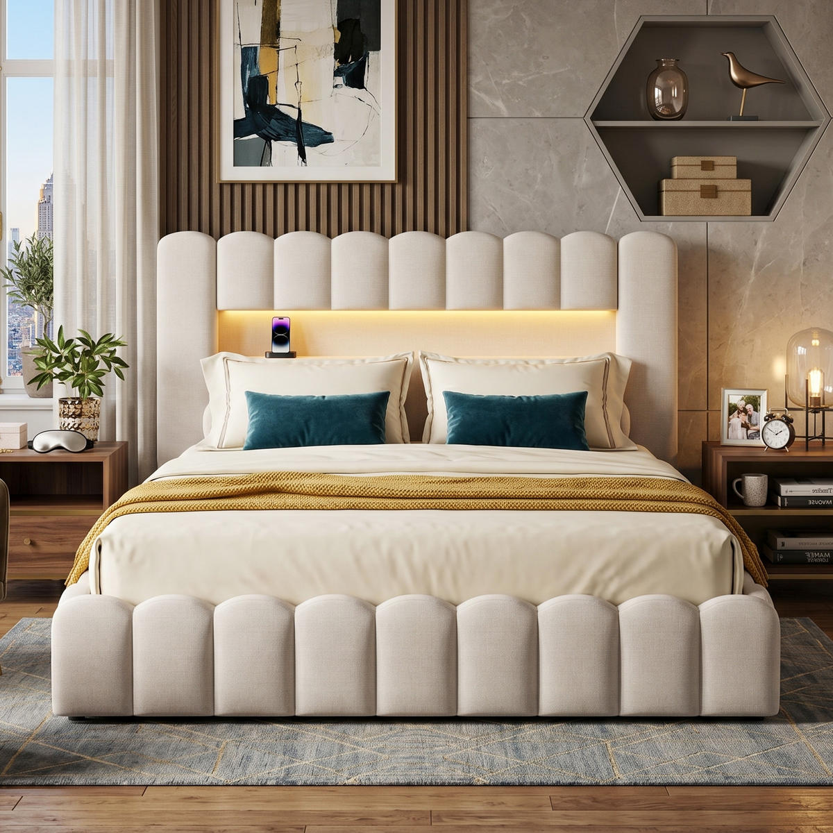 POLSTERBETT Modern 140/200 cm mit Bettkasten LED & USB Leinenoptik Beige - Beige, Textil (140/200cm) - Creahappy