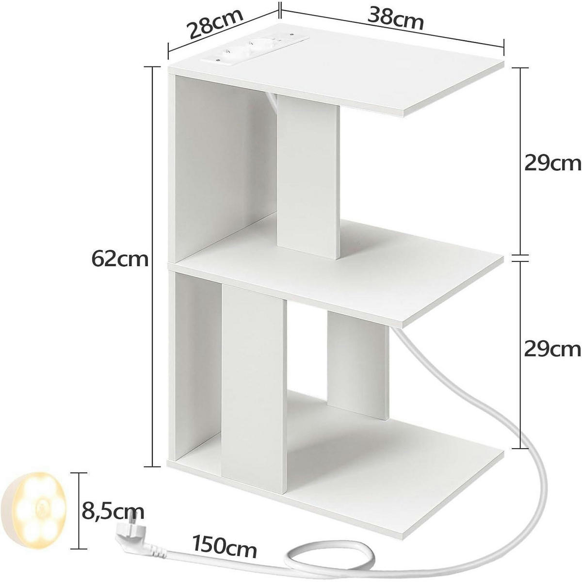 BEISTELLTISCH mit Ladestation und LED-Sensorleuchte Weiß 38 x 28 x 62 cm - Weiß, Holzwerkstoff (28/38/62cm)