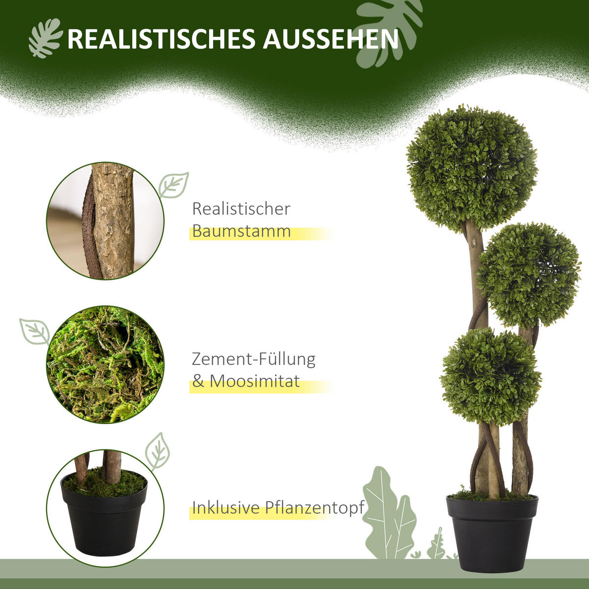 KÜNSTLICHE Pflanze, Kunstpflanze, 90 cm Buchsbaum im Blumentopf, Grün - Schwarz/Braun, Kunststoff (90cm) - HOMCOM