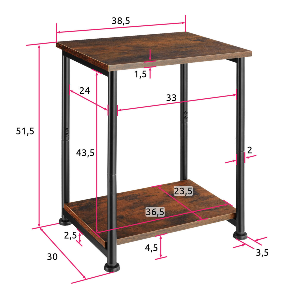 BEISTELLTISCH Yonkers,38,5 x 30 x 51,5 cm,Industrial Holz dunkel, rustikal - Rostfarben, Holzwerkstoff (30/38.5/51.5cm) - tectake