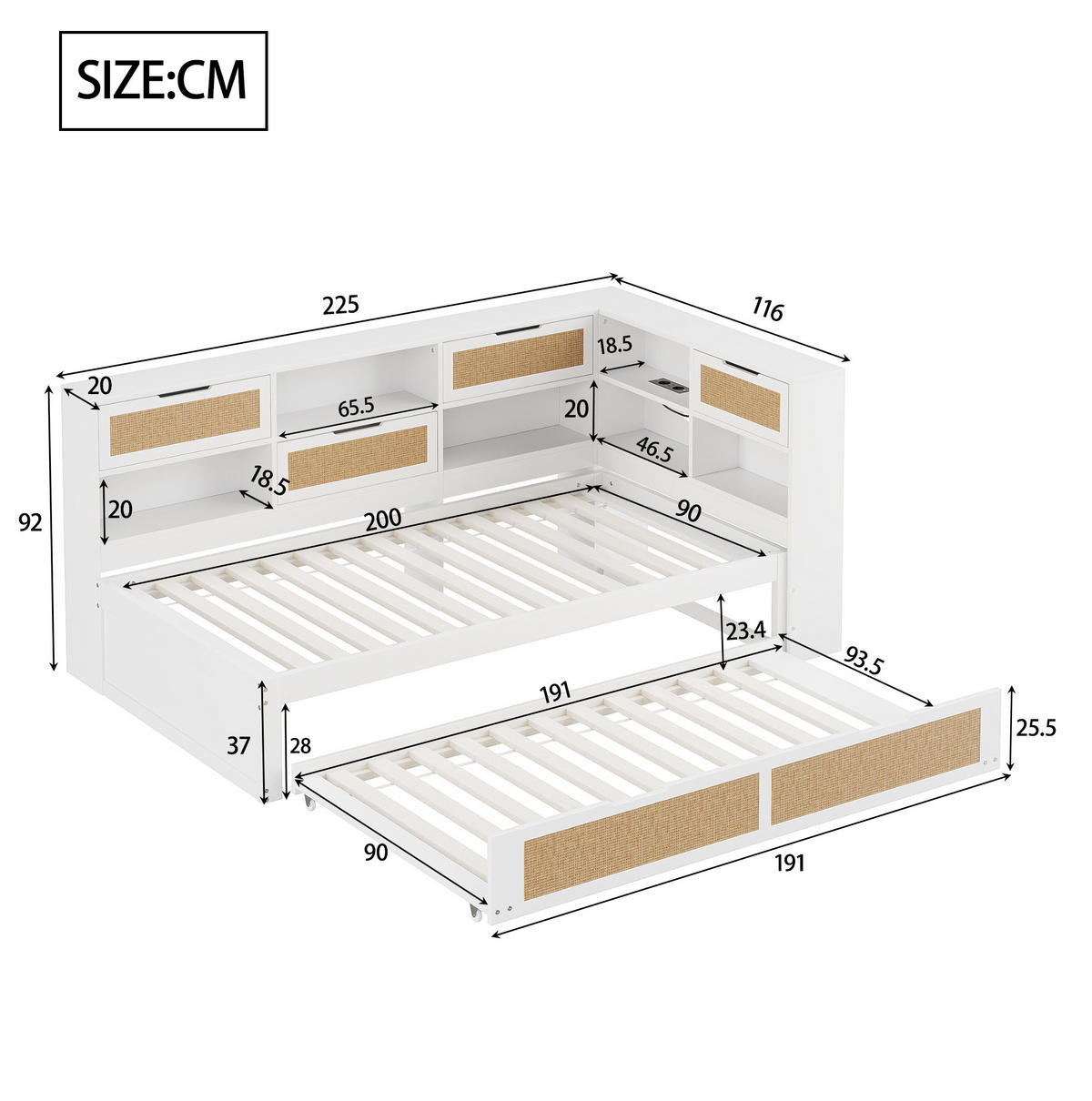 SCHLAFSOFA 90/200 cm mit Ausziehbett 90/190 cm, Stauraum und Ladeanschlüssen, Weiß - Weiß, Holzwerkstoff (225/92/116cm) - Redom
