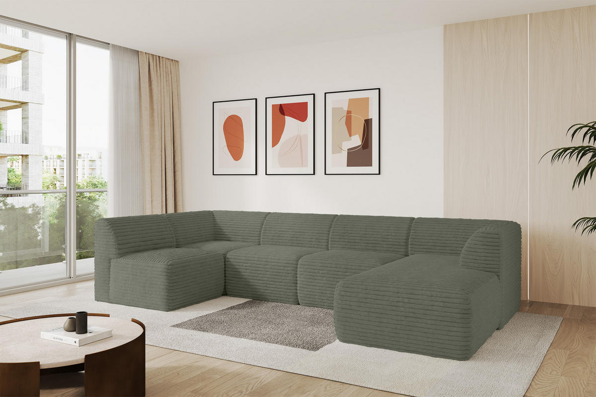 WOHNLANDSCHAFT Ottomane Rechts MOVO-L 345x180x78 cm Olivgrün Cord - Olivgrün, Holzwerkstoff/Kunststoff (180/78/345cm) - ALTDECOR