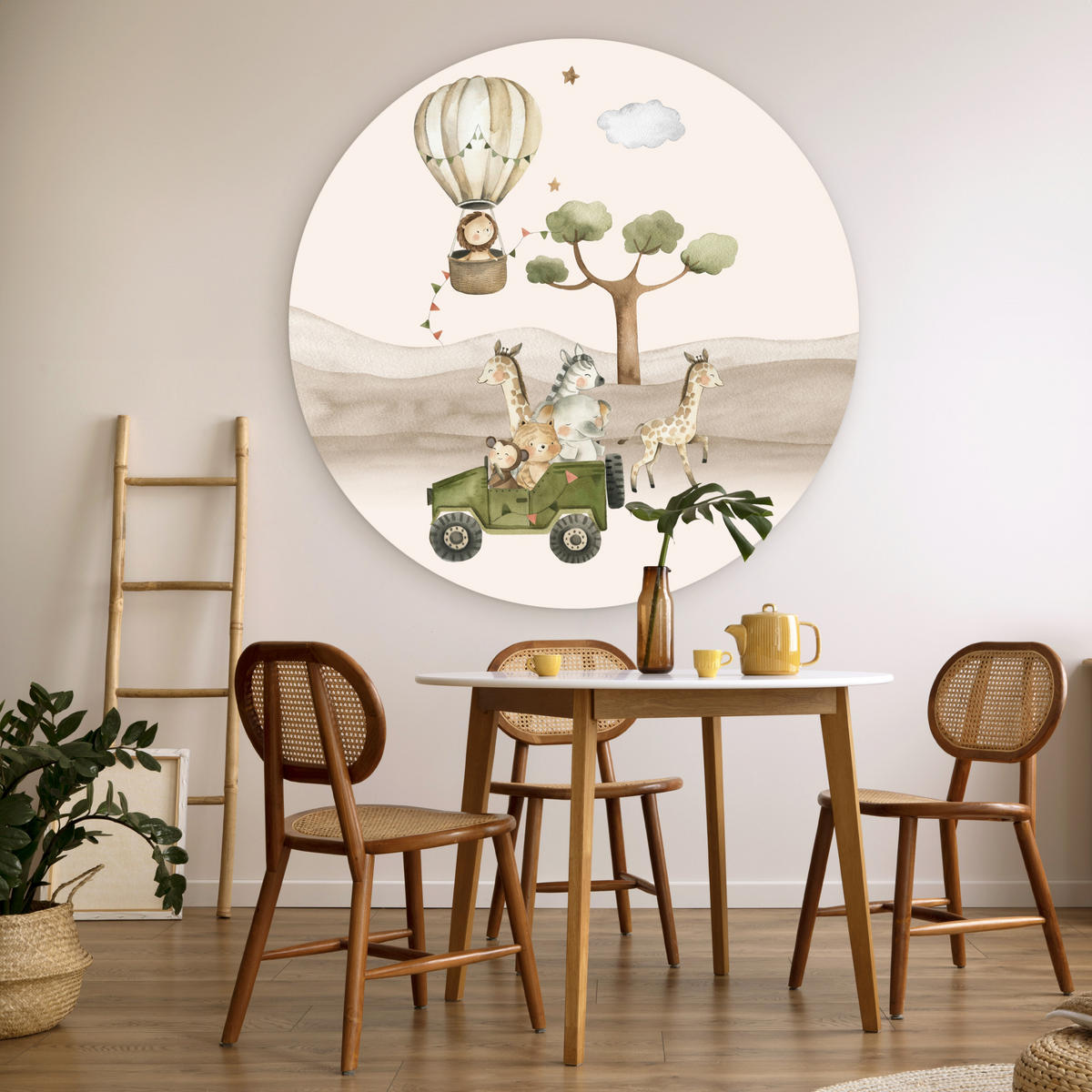 WANDBILD Wilde Tiere - Safari - Aquarell - Heißluftballon 120x120 cm - Beige, Kunststoff (120/120cm) - MuchoWow