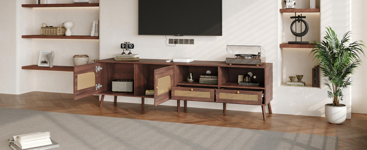 TV-LOWBOARD in Braun mit 2 Rattantüren und 2 Schubladen 200/37/49.5 cm - Braun, Holzwerkstoff (200/49.5/37cm) - Redom