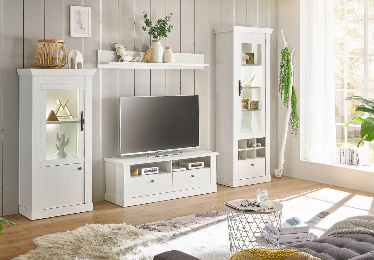WOHNWAND weiß Pinie Landhaus, Set 4-teilig mit Soft-Close und Beleuchtung - Weiß, Holzwerkstoff/Kunststoff (299/201/45cm) - Furn.Design