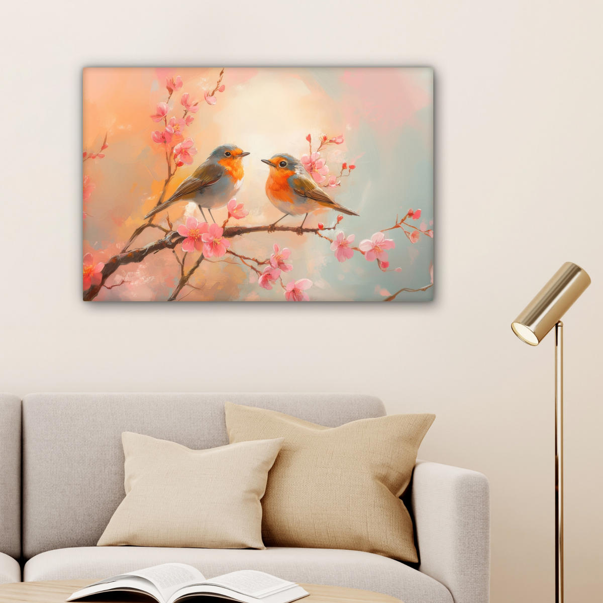 LEINWANDBILD Rotkehlchen - Zierpflanze - Blütenzweig Gemälde 60x40 cm - Hellrosa, Textil (60/40cm) - MuchoWow