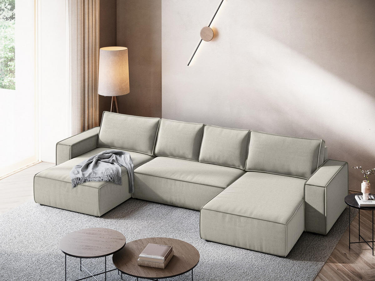 WOHNLANDSCHAFT Samt Stoff Creme - Perlmutt/Creme, Kunststoff/Textil (398/82/185cm) - Makamii