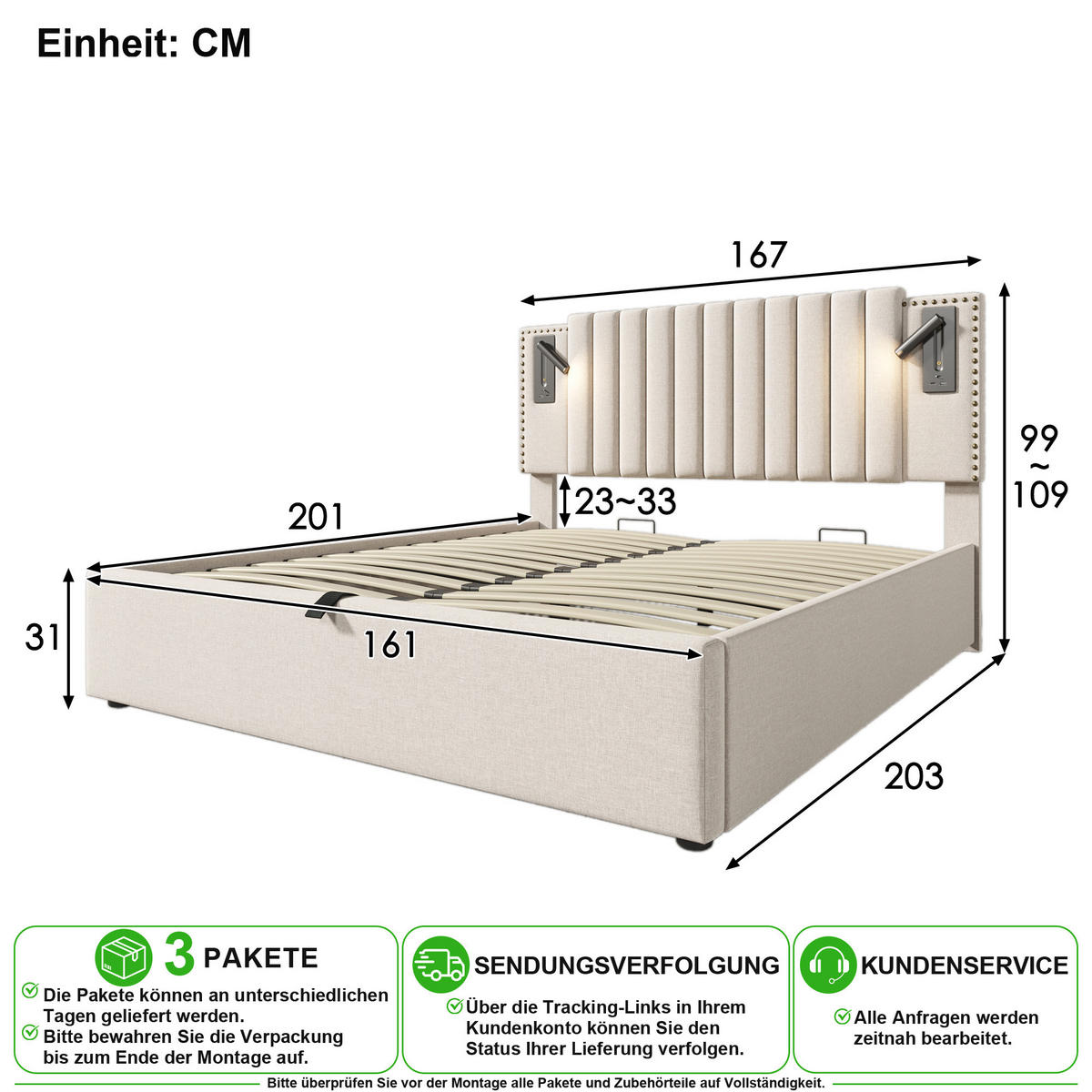 POLSTERBETT 160/200 cm in Beige mit Bettkasten, Leselicht und Matratze - Beige, Holzwerkstoff/Textil (160/200cm) - CHICFURN
