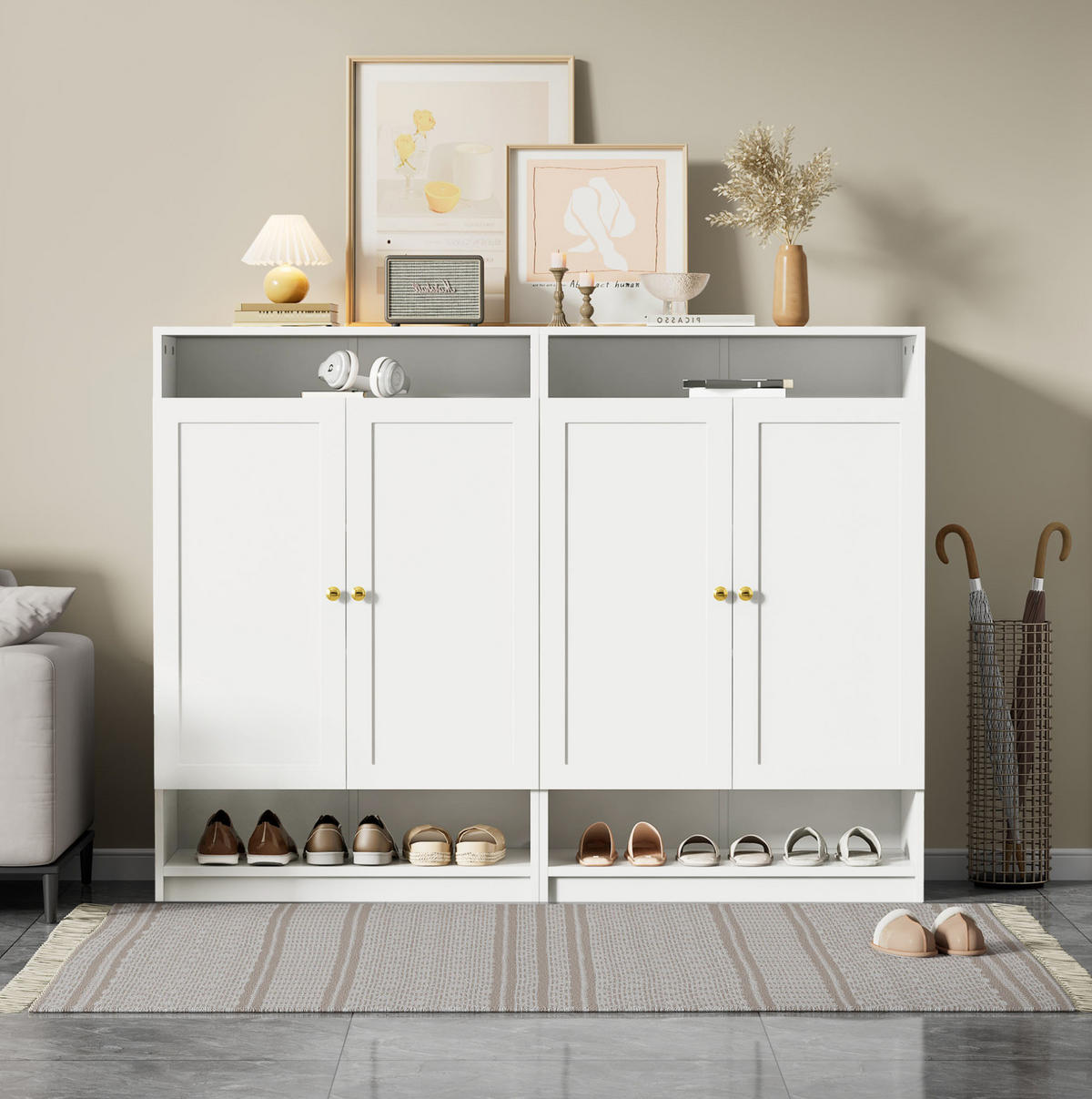 SCHUHSCHRANK aus Spanplatte 146x34x109cm in Weiß mit höhenverstellbaren Einlegeböden - Weiß, Holzwerkstoff (146/109/34cm) - Modfu