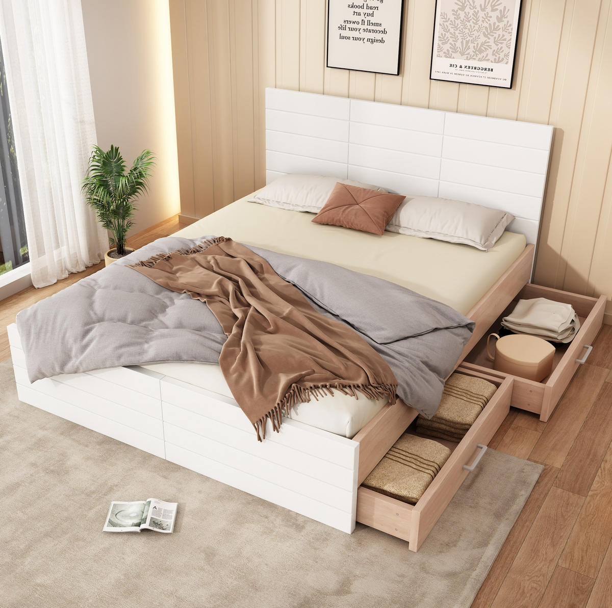 BETT 140/200 cm mit Kopfteil, 2 Schubladen und inkl. Lattenrost - Weiß, Holzwerkstoff (140/200cm) - BEAOK