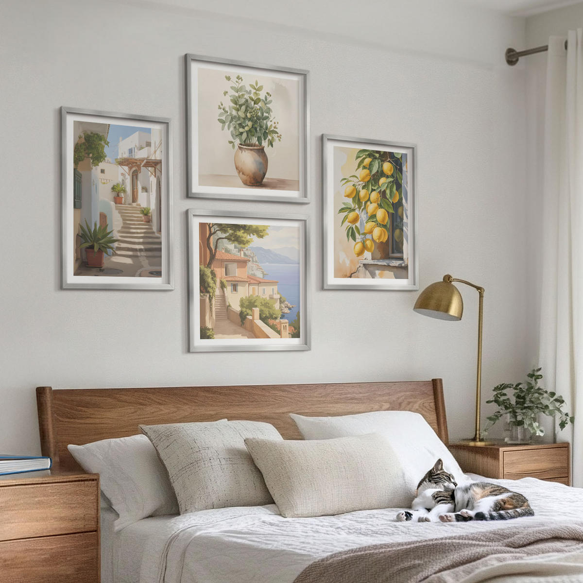 WANDBILDER 4er Set - 50x50 cm & 40x60 cm Silberner Rahmen - Zitronenblumen im Topf, Straßen - Silberfarben, Kunststoff (50/50cm) - ArtPrintCave