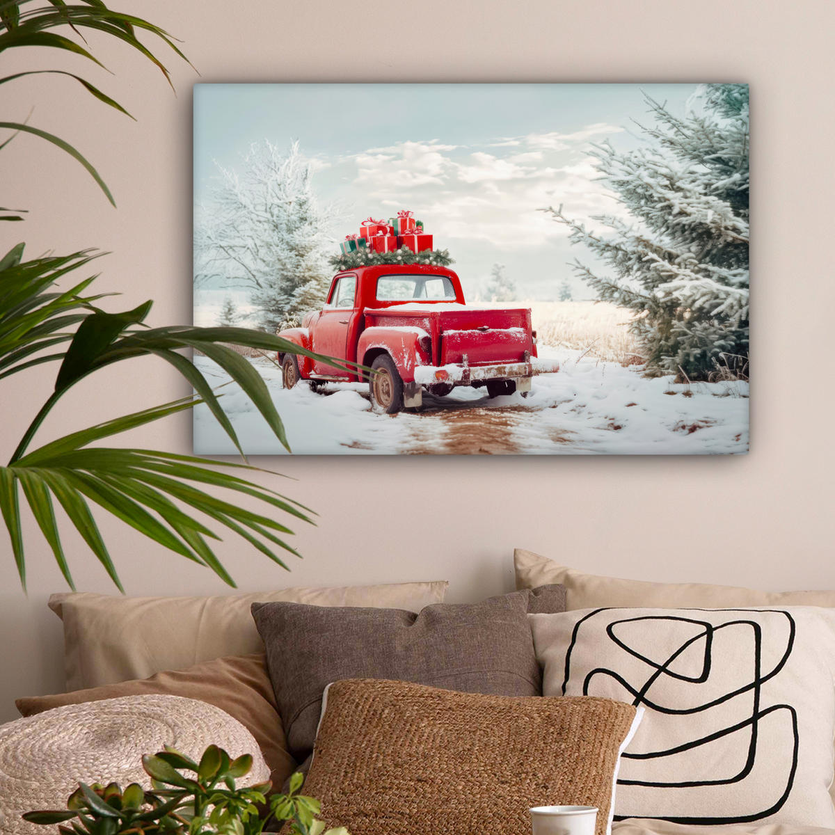 LEINWANDBILD Auto - Rot - Geschenke - Winter - Schnee - Weihnachten Wanddeko 90x60 cm - Rot, Textil (90/60cm) - MuchoWow