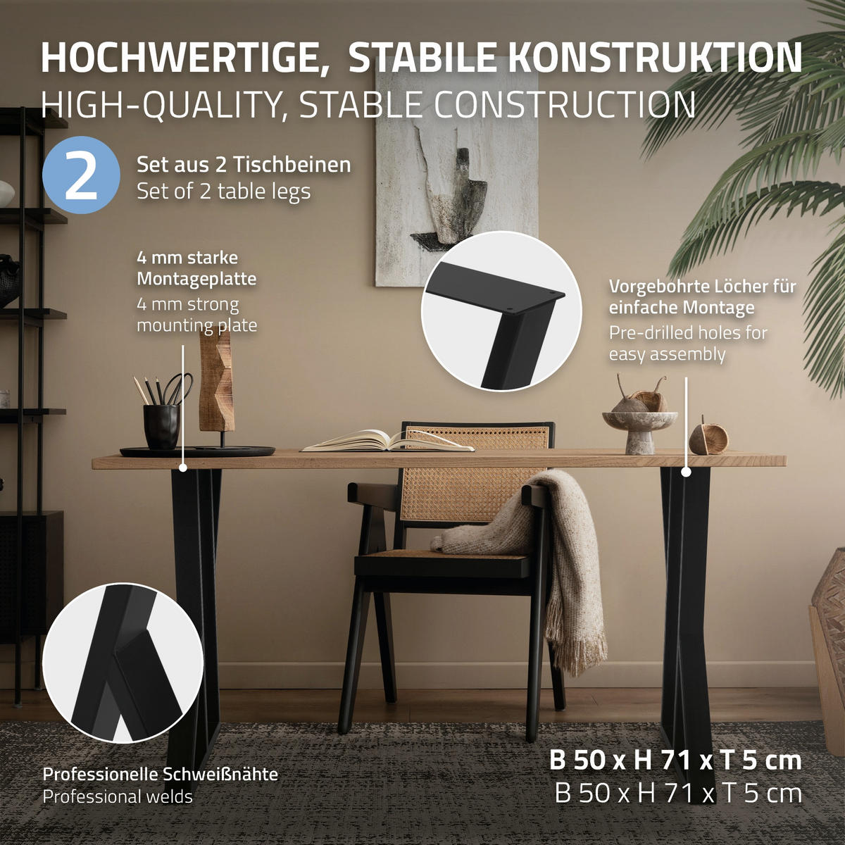 TISCHBEINE 2er Set 50xH71 cm X-Form, Schwarz - Schwarz, Metall (50/5/71cm) - ML-DESIGN