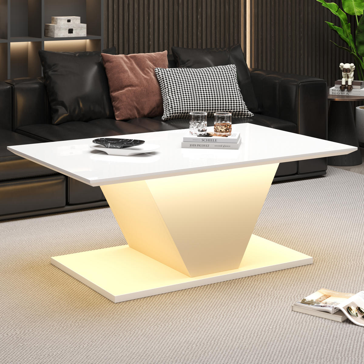 COUCHTISCH 100x50x46 cm V-Form mit LED, Hochglanz, Weiß für Kleine Räume - Weiß, Holzwerkstoff (100/50/46cm) - FLIEKS