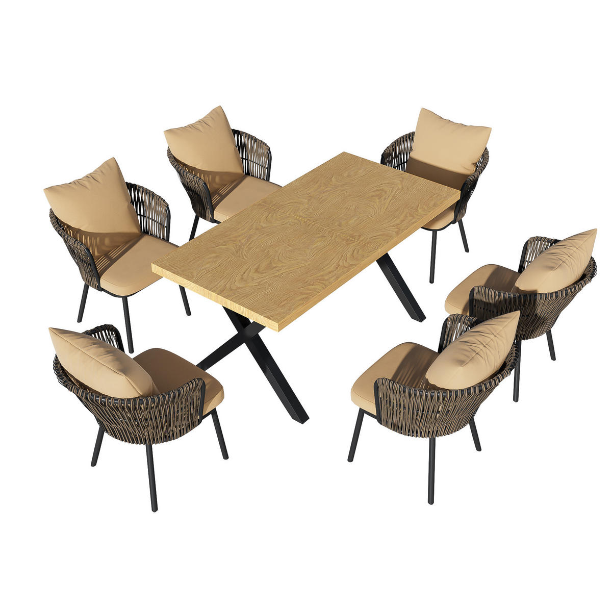 GARTEN-ESSGRUPPE 150/75/75 cm khaki/natur aus Eisen und Polyester für 6 Personen - Naturfarben, Metall - OKWISH