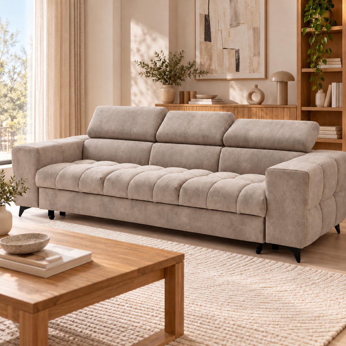 3-SITZER Sofa PUDDING mit Schlaffunktion 127x190 Velours Beige - Beige/Schwarz, Holz/Textil (260/90/100cm) - Muffo